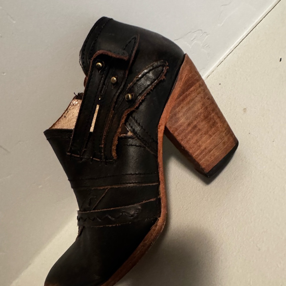 Freebird by Steven Black Leather Block Heel Booties with Wood Heel